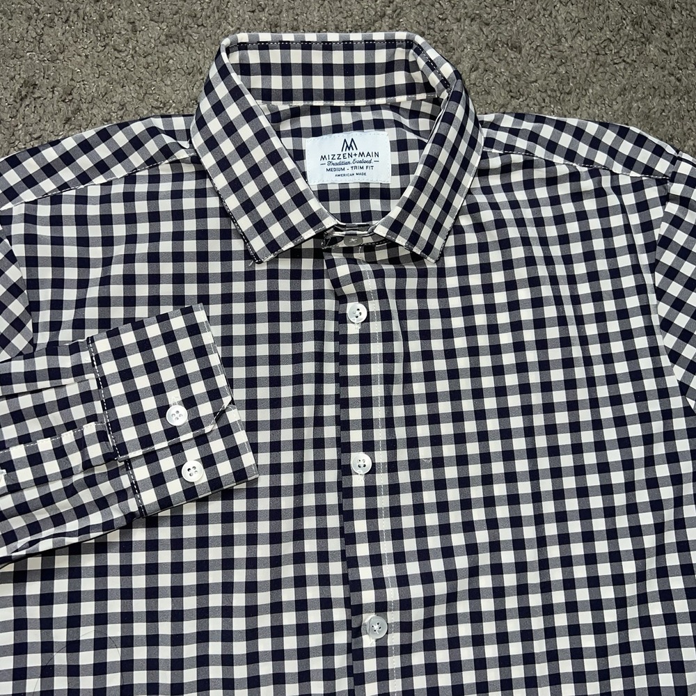 Mizzen+Main Dress Shirt Mens M Blue Plaid Leeward Trim Fit Stretch Long Sleeve